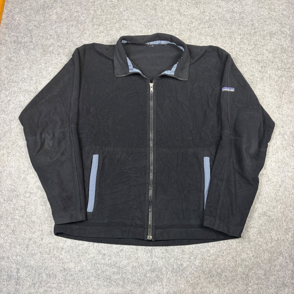Patagonia Mens Full Zip Fleece Jacket Black Blue Trim Logo Patch Large XL